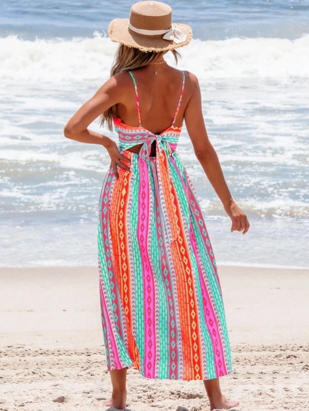 Striped Tie-Back Maxi Dress in Coral, Turquoise & Pink - Picture 2 of 2